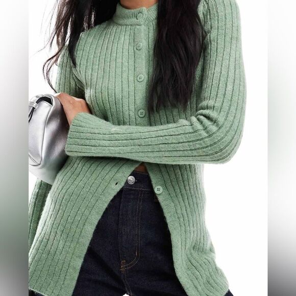 ASOS Green Ribbed Women's cardigan longline Sage S - Picture 1 of 8